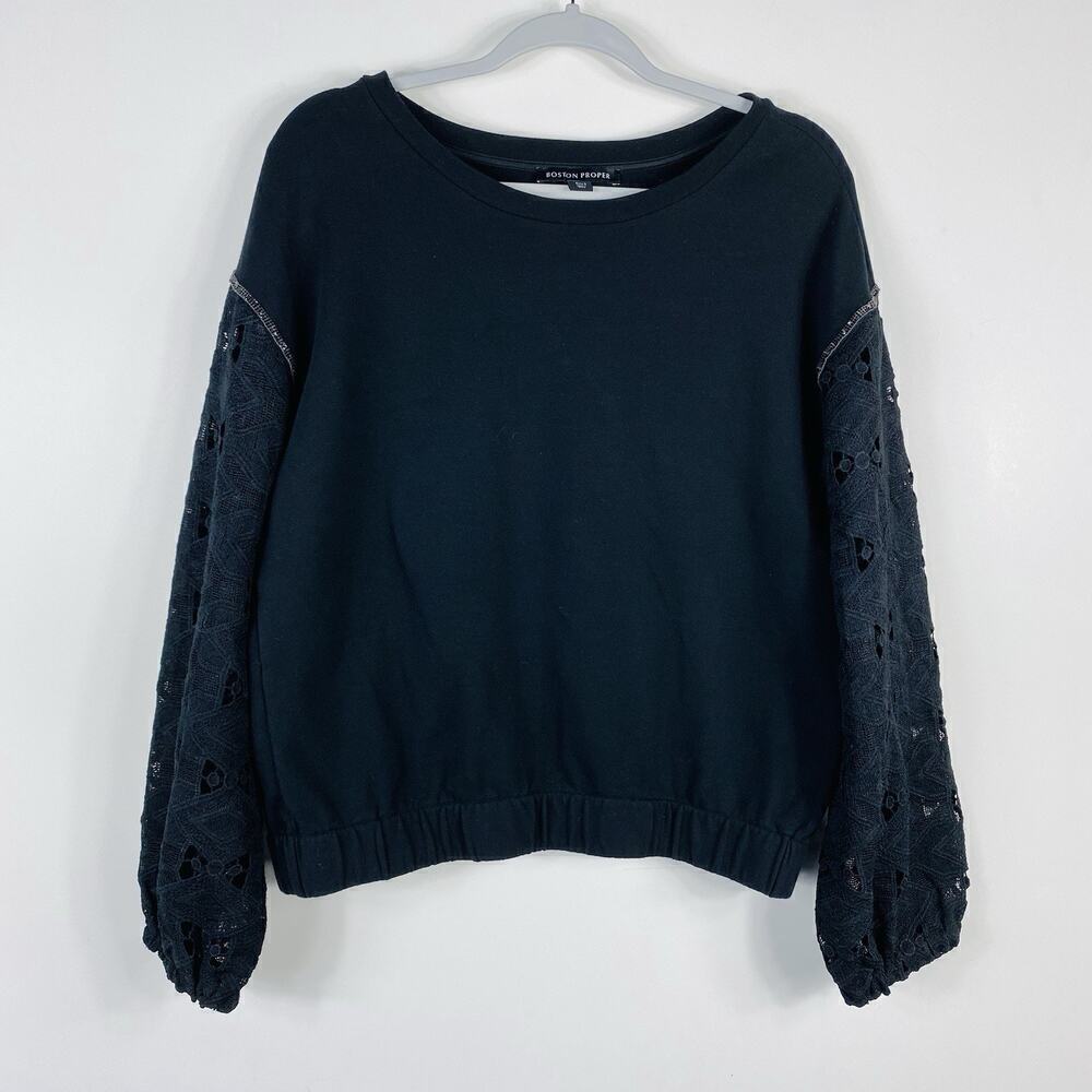Boston Proper Size Small Embellished Lace Sleeve Sweatshirt Black Cotton Blend